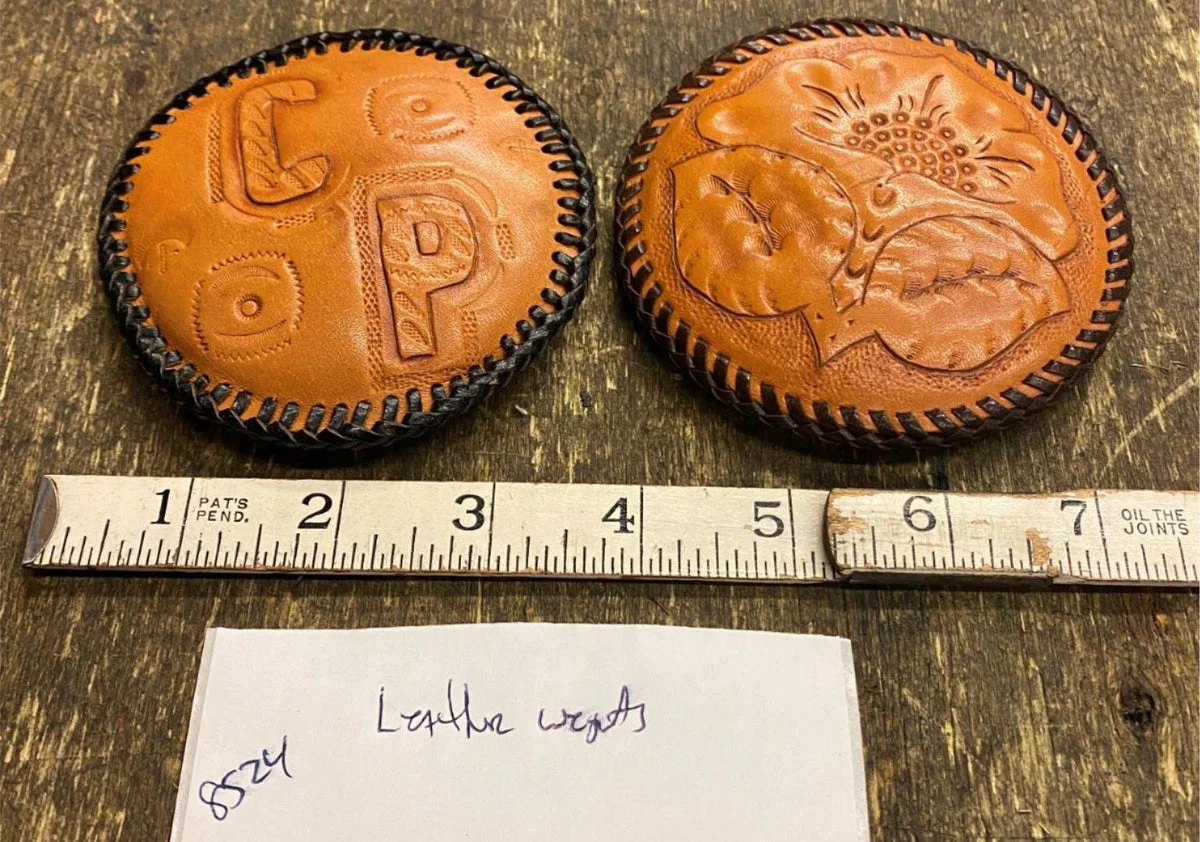 Hand tooled Leather Laced Decor Jewelry Coaster buckle Paper weights Desk Pair!