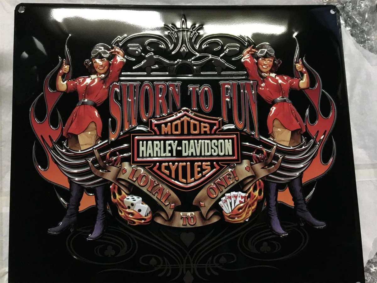 HARLEY DAVIDSON ANDE ROONEY METAL SIGN - SWORN TO FUN BABES - MAN CAVE/GARAGE
