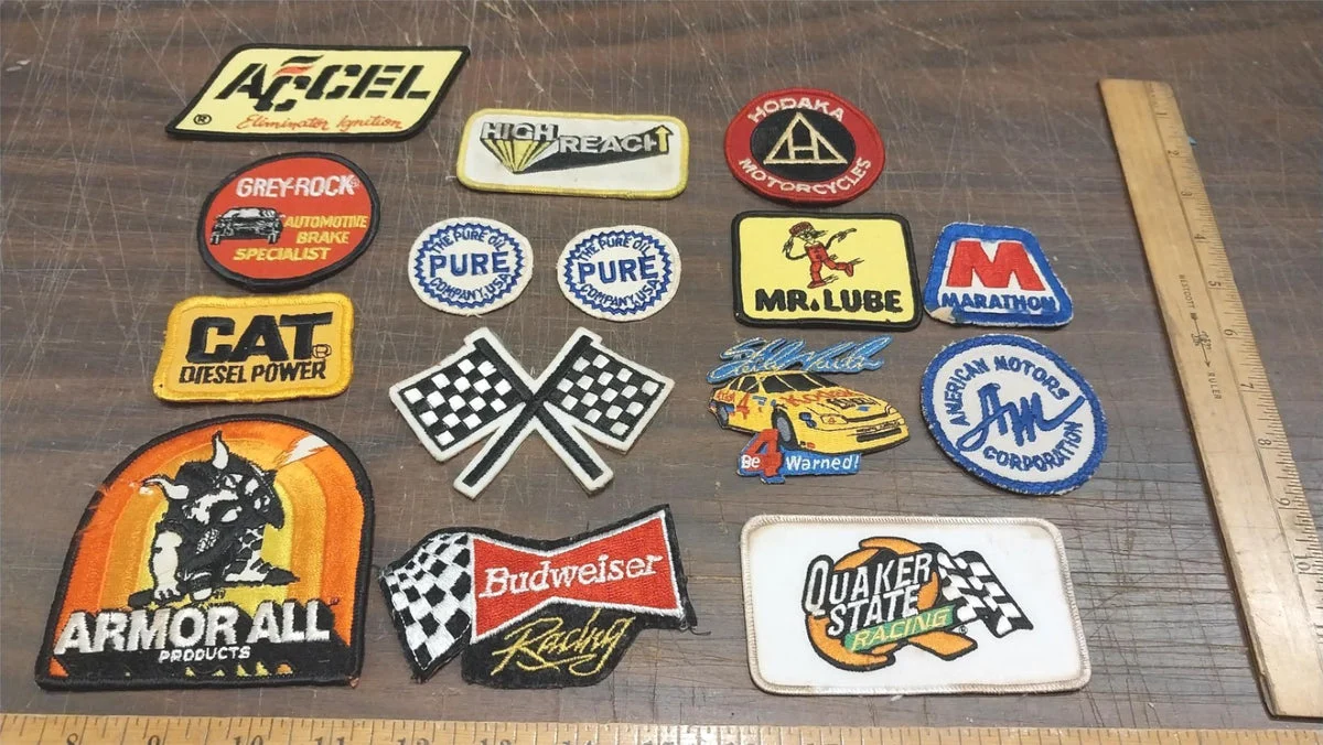 Lot of 15 Patches Racing Oil Armor All Budweiser Grey Rock Cat Deisel Pure Hodak