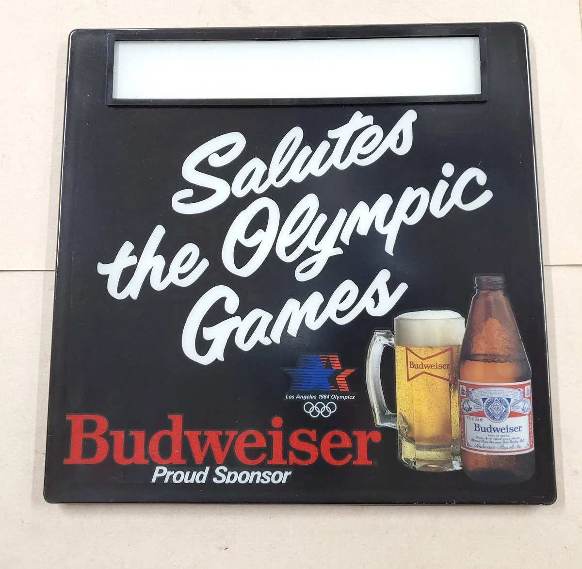 Plastic Bud Light Beer Sign 1984 Olympic Games Advertisement Breweriana 18" x 18