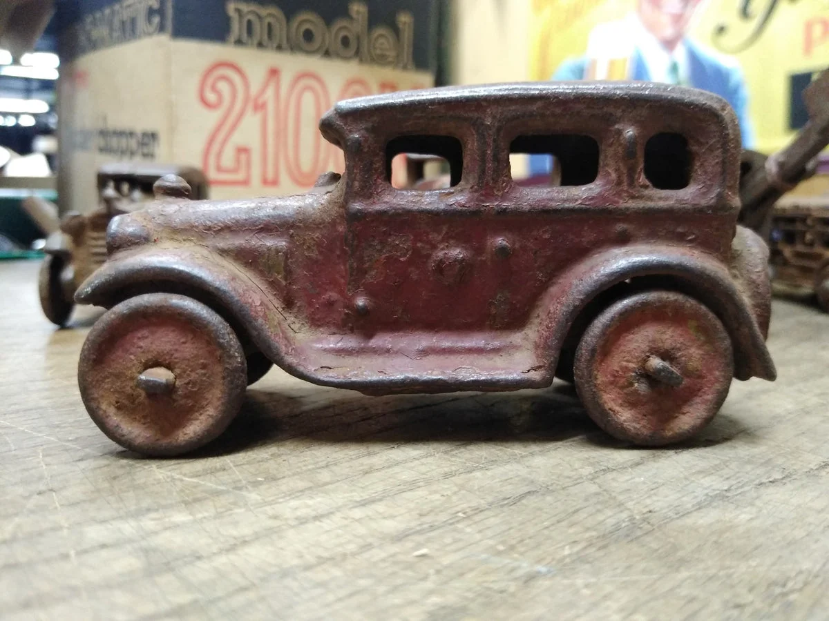 Vtg Cast Iron Red Coupe Car Toy AC Williams Arcade Dent Hubley? 4" Steel Wheels!