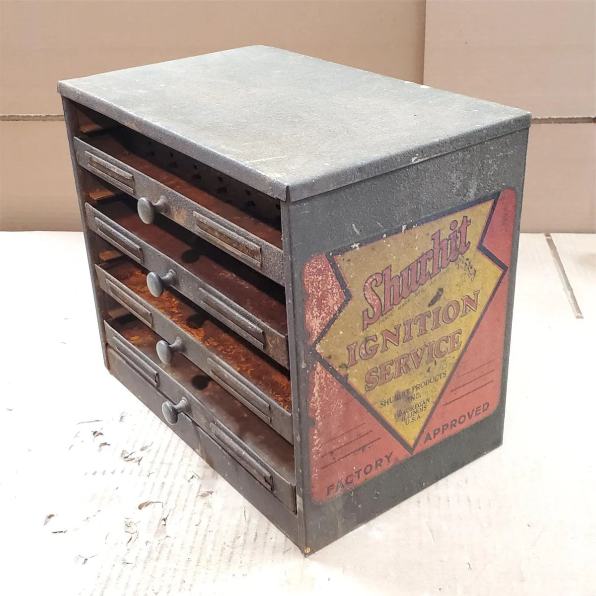 Vtg Shurhit Ignition parts Metal Cabinet Advertising Sign Garage Service station