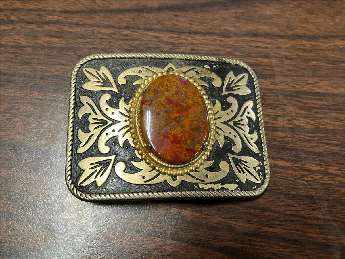 VTG solid Brass Brown Gemstone Centered Western Cowboy Belt Buckle