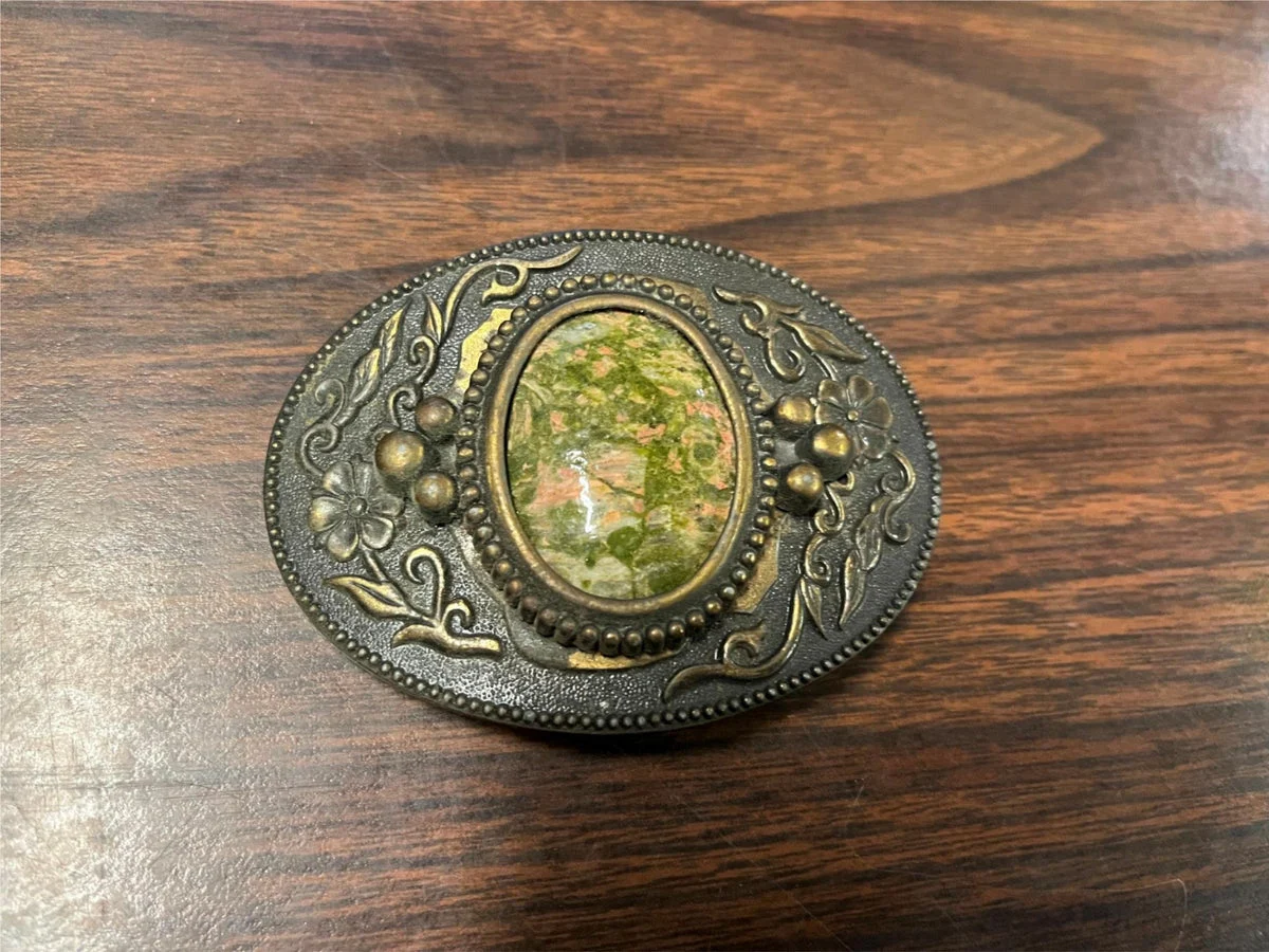 VTG solid Brass Epidite Gemstone Centered Western Cowboy Belt Buckle