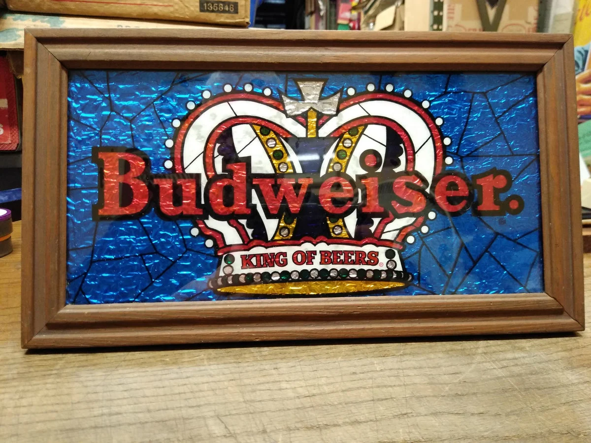 Vtg Wood Framed Budweiser King Of Beers Picture Blue Red Foil Backed 13.5"x7.5"